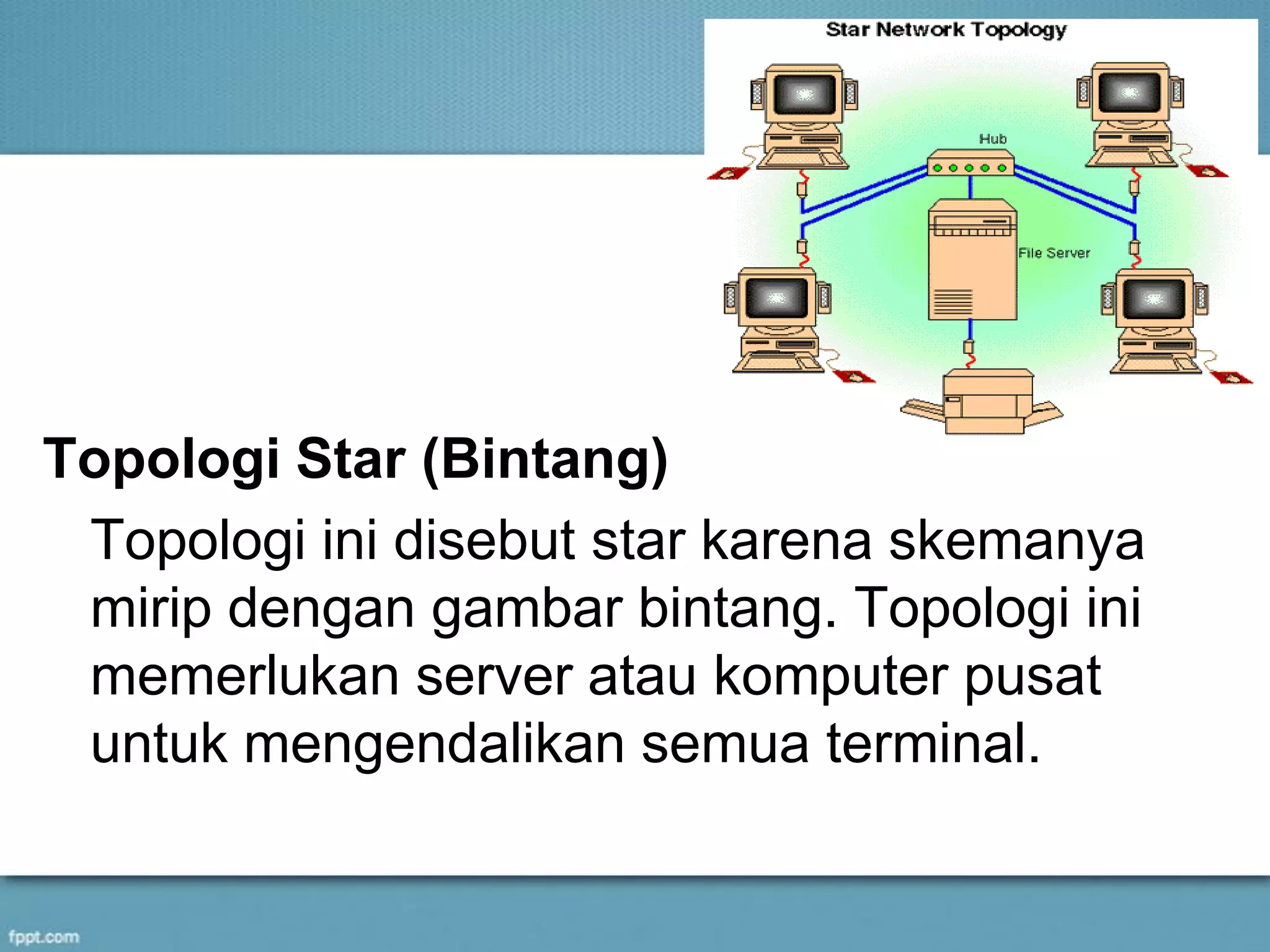 Topologi Star (Bintang)
Topologi ini disebut star karena skemanya
mirip dengan gambar bintang. Topologi ini
memerlukan server atau komputer pusat
untuk mengendalikan semua terminal.
 