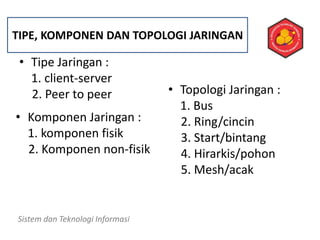 • Tipe Jaringan :
1. client-server
2. Peer to peer
Sistem dan Teknologi Informasi
• Komponen Jaringan :
1. komponen fisik
2. Komponen non-fisik
• Topologi Jaringan :
1. Bus
2. Ring/cincin
3. Start/bintang
4. Hirarkis/pohon
5. Mesh/acak
TIPE, KOMPONEN DAN TOPOLOGI JARINGAN
 