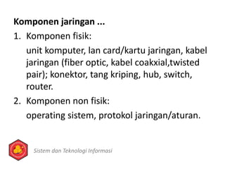 Komponen jaringan ...
1. Komponen fisik:
unit komputer, lan card/kartu jaringan, kabel
jaringan (fiber optic, kabel coakxial,twisted
pair); konektor, tang kriping, hub, switch,
router.
2. Komponen non fisik:
operating sistem, protokol jaringan/aturan.
Sistem dan Teknologi Informasi
 