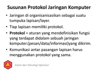 Susunan Protokol Jaringan Komputer
• Jaringan di organisanisasikan sebagai suatu
tumpuka lapisan/layer.
• Tiap lapisan memiliki protokol.
• Protokol = aturan yang mendefinisikan fungsi
yang terdapat didalam sebuah jaringan
komputer.(pesan/data/informasi)yang dikirim.
• Komunikasi antar pasangan lapisan harus
menggunakan protokol yang sama.
Sistem dan Teknologi Informasi
 