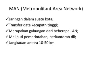 MAN (Metropolitant Area Network)
Jaringan dalam suatu kota;
Transfer data kecapatn tinggi;
Merupakan gabungan dari beberapa LAN;
Meliputi pemerintahan, perkantoran dll;
Jangkauan antara 10-50 km.
 