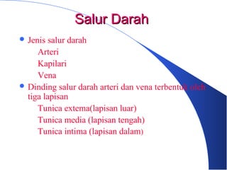 Salur DarahSalur Darah
 Jenis salur darah
– Arteri
– Kapilari
– Vena
 Dinding salur darah arteri dan vena terbentuk oleh
tiga lapisan
– Tunica extema(lapisan luar)
– Tunica media (lapisan tengah)
– Tunica intima (lapisan dalam)
 