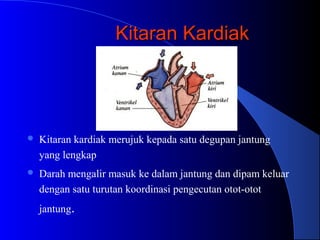Kitaran KardiakKitaran Kardiak
 Kitaran kardiak merujuk kepada satu degupan jantung
yang lengkap
 Darah mengalir masuk ke dalam jantung dan dipam keluar
dengan satu turutan koordinasi pengecutan otot-otot
jantung.
 