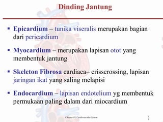 1
0
Chapter 18, Cardiovascular System
Dinding Jantung
 Epicardium – tunika viseralis merupakan bagian
dari pericardium
 Myocardium – merupakan lapisan otot yang
membentuk jantung
 Skeleton Fibrosa cardiaca– crisscrossing, lapisan
jaringan ikat yang saling melapisi
 Endocardium – lapisan endotelium yg membentuk
permukaan paling dalam dari miocardium
 