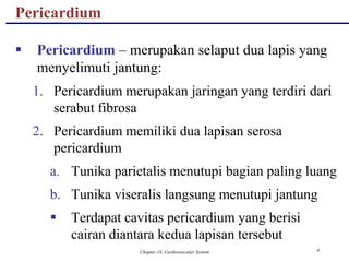 Chapter 18, Cardiovascular System 4
Pericardium
 Pericardium – merupakan selaput dua lapis yang
menyelimuti jantung:
1. Pericardium merupakan jaringan yang terdiri dari
serabut fibrosa
2. Pericardium memiliki dua lapisan serosa
pericardium
a. Tunika parietalis menutupi bagian paling luang
b. Tunika viseralis langsung menutupi jantung
 Terdapat cavitas pericardium yang berisi
cairan diantara kedua lapisan tersebut
 
