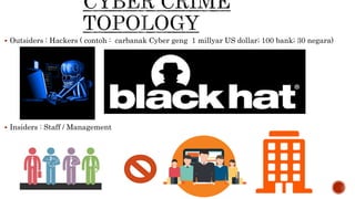  Outsiders : Hackers ( contoh : carbanak Cyber geng 1 millyar US dollar; 100 bank; 30 negara)
 Insiders : Staff / Management
 