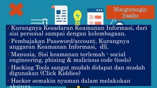 Kurangnya Kesadaran Keamanan Informasi, dari
sisi personal sampai dengan kelembagaan.
Pembajakan Password/account, Kurangnya
anggaran Keamanan Informasi, dll.
Manusia, Sisi keamanan terlemah - social
engineering, phising & malicious code (tools)
Hacking Tools sangat mudah didapat dan mudah
digunakan (Click Kiddies)
Hacker semakin nyaman dalam melakukan
 