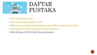  http://www.idsirtii.or.id/
 http://documents.trendmicro.com/
 https://www.raymond.cc/blog/understanding-different-types-of-malware/
 http://julismail.staff.telkomuniversity.ac.id/stuxnet/
 Nuh Al-Azhar (2016), Cyber Forensic Analysis
 