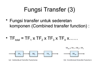 Fungsi Transfer (3)
• Fungsi transfer untuk sederetan
komponen (Combined transfer function) :
• TFtotal = TF1 x TF2 x TF3 x TF4 x……
 