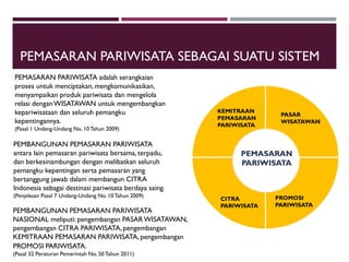 PEMASARAN PARIWISATA SEBAGAI SUATU SISTEM
PEMASARAN PARIWISATA adalah serangkaian
proses untuk menciptakan, mengkomunikasikan,
menyampaikan produk pariwisata dan mengelola
relasi denganWISATAWAN untuk mengembangkan
kepariwisataan dan seluruh pemangku
kepentingannya.
(Pasal 1 Undang-Undang No. 10Tahun 2009)
PEMBANGUNAN PEMASARAN PARIWISATA
antara lain pemasaran pariwisata bersama, terpadu,
dan berkesinambungan dengan melibatkan seluruh
pemangku kepentingan serta pemasaran yang
bertanggung jawab dalam membangun CITRA
Indonesia sebagai destinasi pariwisata berdaya saing.
(Penjelasan Pasal 7 Undang-Undang No. 10 Tahun 2009)
PEMBANGUNAN PEMASARAN PARIWISATA
NASIONAL meliputi: pengembangan PASARWISATAWAN,
pengembangan CITRA PARIWISATA, pengembangan
KEMITRAAN PEMASARAN PARIWISATA, pengembangan
PROMOSI PARIWISATA.
(Pasal 32 Peraturan Pemerintah No. 50 Tahun 2011)
PEMASARAN
PARIWISATA
PASAR
WISATAWAN
CITRA
PARIWISATA
PROMOSI
PARIWISATA
KEMITRAAN
PEMASARAN
PARIWISATA
 