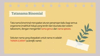Tatanama Binomial
Tata nama binominal merupakan aturan penamaan baku bagi semua
organisme (makhluk hidup) yang terdiri dari dua kata dari sistem
taksonomi, dengan mengambil nama genus dan nama spesies.
Sebutan nama yang disepakati untuk nama ini adalah
‘NAMA ILMIAH’ (scientific name)
 