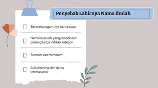 Beraneka ragam-nya nama biasa
Nama biasa ada yang pendek dan
panjang tanpa indikasi kategori
Sinonim dan Homonim
Sulit diterima oleh dunia
Internasional
Penyebab Lahirnya Nama Ilmiah
 