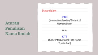 Aturan
Penulisan
Nama Ilmiah
Diatur dalam:
ICBN
(International code of Botanical
Nomenclature)
Atau
KITT
(Kode International Tata Nama
Tumbuhan)
 