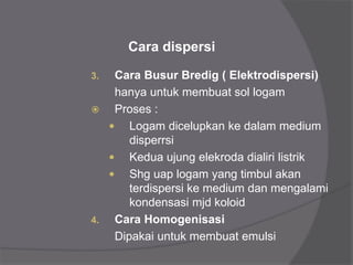 3. Cara Busur Bredig ( Elektrodispersi)
hanya untuk membuat sol logam
 Proses :
 Logam dicelupkan ke dalam medium
disperrsi
 Kedua ujung elekroda dialiri listrik
 Shg uap logam yang timbul akan
terdispersi ke medium dan mengalami
kondensasi mjd koloid
4. Cara Homogenisasi
Dipakai untuk membuat emulsi
Cara dispersi
 