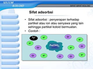 Sifat adsorbsi
• Sifat adsorbsi : penyerapan terhadap
partikel atau ion atau senyawa yang lain
sehingga partikel koloid bermuatan.
• Contoh :
SIFAT SIFAT KOLOID
Fe(OH)3
H+
H+
H+
H+
H+
H+
Cl-
Cl-
Cl-
Cl-
Cl-
Cl-
Fe3
+
 