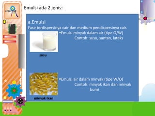 Emulsi ada 2 jenis:
a.Emulsi
Fase terdispersinya cair dan medium pendispersinya cair.
Emulsi minyak dalam air (tipe O/W)
Contoh: susu, santan, lateks
Emulsi air dalam minyak (tipe W/O)
Contoh: minyak ikan dan minyak
bumi
susu
minyak ikan
 