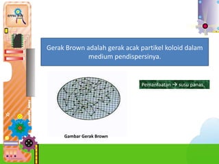 2.
Gerak Brown adalah gerak acak partikel koloid dalam
medium pendispersinya.
Gambar Gerak Brown
Pemanfaatan  susu panas.
 