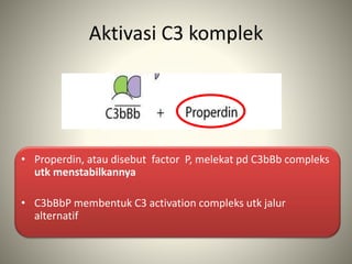 Aktivasi C3 komplek
• Properdin, atau disebut factor P, melekat pd C3bBb compleks
utk menstabilkannya
• C3bBbP membentuk C3 activation compleks utk jalur
alternatif
 