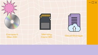 Compact
Disc (CD)
Memory
Card (SD)
Cloud Storage
 