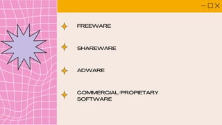 FREEWARE
SHAREWARE
ADWARE
COMMERCIAL/PROPIETARY
SOFTWARE
 