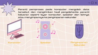 Peranti pemproses pada komputer mengolah data
tersebut dan mengirimkan hasil pengolahanke peranti
keluaran seperti layar komputer, speaker dan lainnya
atau menyimpannya ke penyimpanan sekunder
Komputer Speaker Penyimpanan
Sekunder
 