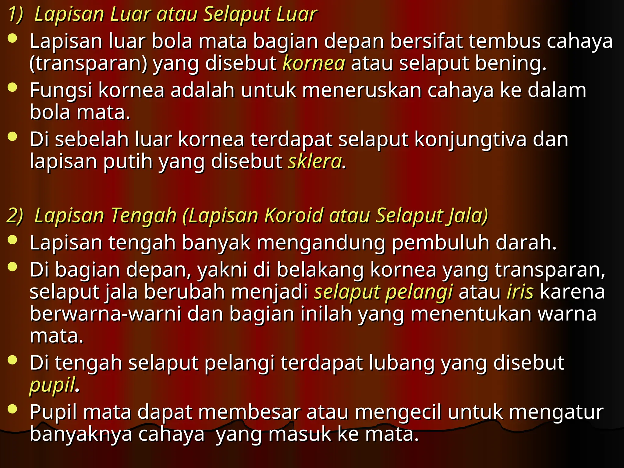 1) Lapisan Luar atau Selaput Luar
1) Lapisan Luar atau Selaput Luar
 Lapisan luar bola mata bagian depan bersifat tembus cahaya
Lapisan luar bola mata bagian depan bersifat tembus cahaya
(transparan) yang disebut
(transparan) yang disebut kornea
kornea atau selaput bening.
atau selaput bening.
 Fungsi kornea adalah untuk meneruskan cahaya ke dalam
Fungsi kornea adalah untuk meneruskan cahaya ke dalam
bola mata.
bola mata.
 Di sebelah luar kornea terdapat selaput konjungtiva dan
Di sebelah luar kornea terdapat selaput konjungtiva dan
lapisan putih yang disebut
lapisan putih yang disebut sklera
sklera.
.
2) Lapisan Tengah (Lapisan Koroid atau Selaput Jala)
2) Lapisan Tengah (Lapisan Koroid atau Selaput Jala)
 Lapisan tengah banyak mengandung pembuluh darah.
Lapisan tengah banyak mengandung pembuluh darah.
 Di bagian depan, yakni di belakang kornea yang transparan,
Di bagian depan, yakni di belakang kornea yang transparan,
selaput jala berubah menjadi
selaput jala berubah menjadi selaput pelangi
selaput pelangi atau
atau iris
iris karena
karena
berwarna-warni dan bagian inilah yang menentukan warna
berwarna-warni dan bagian inilah yang menentukan warna
mata.
mata.
 Di tengah sela­
put pelangi terdapat lubang yang disebut
Di tengah sela­
put pelangi terdapat lubang yang disebut
pupil
pupil.
.
 Pupil mata dapat membesar atau mengecil untuk mengatur
Pupil mata dapat membesar atau mengecil untuk mengatur
banyaknya cahaya yang masuk ke mata.
banyaknya cahaya yang masuk ke mata.
 