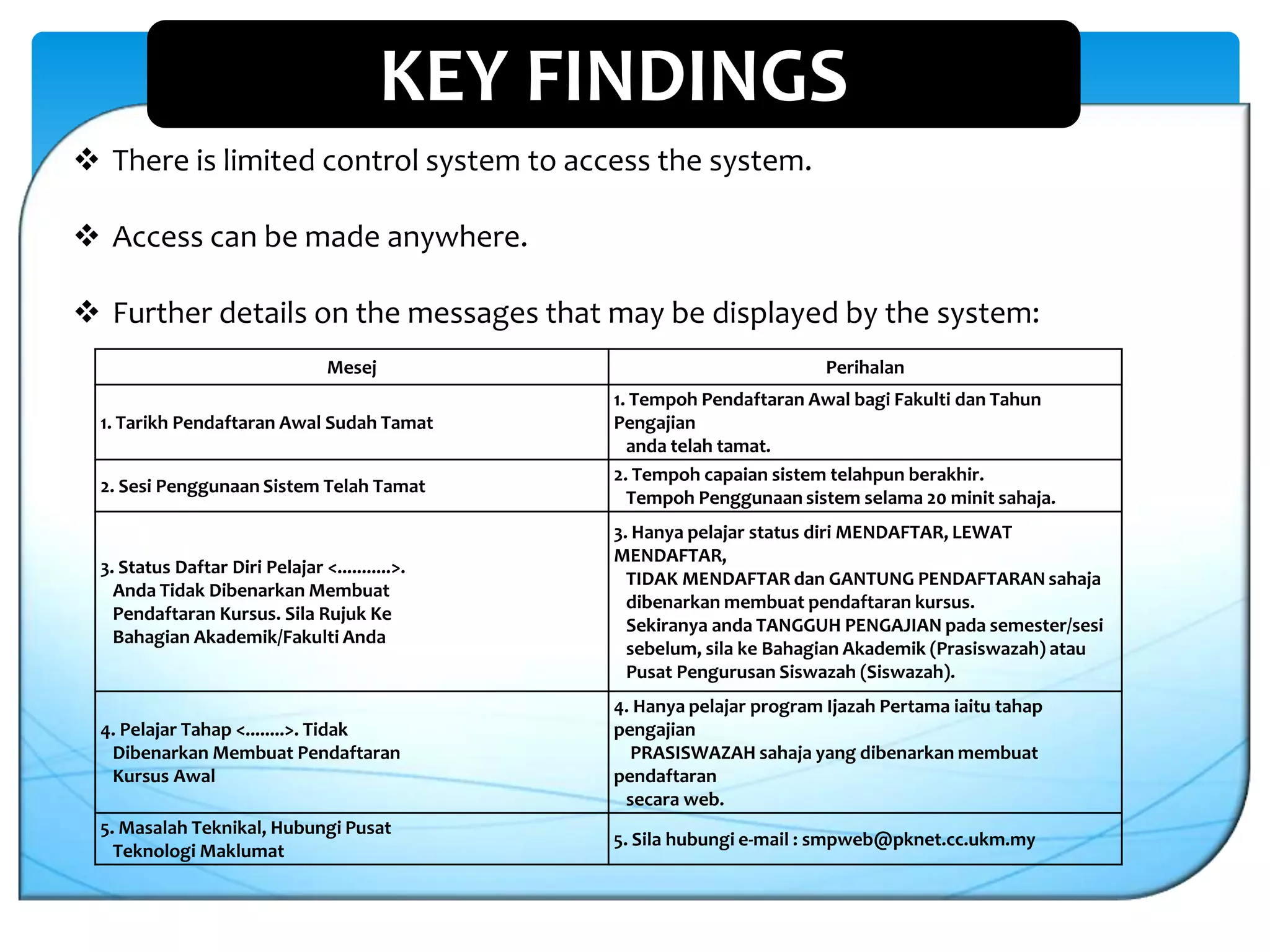 KEY FINDINGS
 There is limited control system to access the system.
 Access can be made anywhere.

 Further details on the messages that may be displayed by the system:
Mesej
1. Tarikh Pendaftaran Awal Sudah Tamat
2. Sesi Penggunaan Sistem Telah Tamat

Perihalan
1. Tempoh Pendaftaran Awal bagi Fakulti dan Tahun
Pengajian
anda telah tamat.
2. Tempoh capaian sistem telahpun berakhir.
Tempoh Penggunaan sistem selama 20 minit sahaja.

3. Status Daftar Diri Pelajar <...........>.
Anda Tidak Dibenarkan Membuat
Pendaftaran Kursus. Sila Rujuk Ke
Bahagian Akademik/Fakulti Anda

3. Hanya pelajar status diri MENDAFTAR, LEWAT
MENDAFTAR,
TIDAK MENDAFTAR dan GANTUNG PENDAFTARAN sahaja
dibenarkan membuat pendaftaran kursus.
Sekiranya anda TANGGUH PENGAJIAN pada semester/sesi
sebelum, sila ke Bahagian Akademik (Prasiswazah) atau
Pusat Pengurusan Siswazah (Siswazah).

4. Pelajar Tahap <........>. Tidak
Dibenarkan Membuat Pendaftaran
Kursus Awal

4. Hanya pelajar program Ijazah Pertama iaitu tahap
pengajian
PRASISWAZAH sahaja yang dibenarkan membuat
pendaftaran
secara web.

5. Masalah Teknikal, Hubungi Pusat
Teknologi Maklumat

5. Sila hubungi e-mail : smpweb@pknet.cc.ukm.my

 