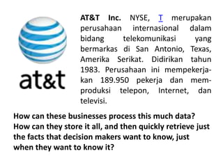 AT&T Inc. NYSE, T merupakan
                   perusahaan internasional dalam
                   bidang     telekomunikasi   yang
                   bermarkas di San Antonio, Texas,
                   Amerika Serikat. Didirikan tahun
                   1983. Perusahaan ini mempekerja-
                   kan 189.950 pekerja dan mem-
                   produksi telepon, Internet, dan
                   televisi.
How can these businesses process this much data?
How can they store it all, and then quickly retrieve just
the facts that decision makers want to know, just
when they want to know it?
 