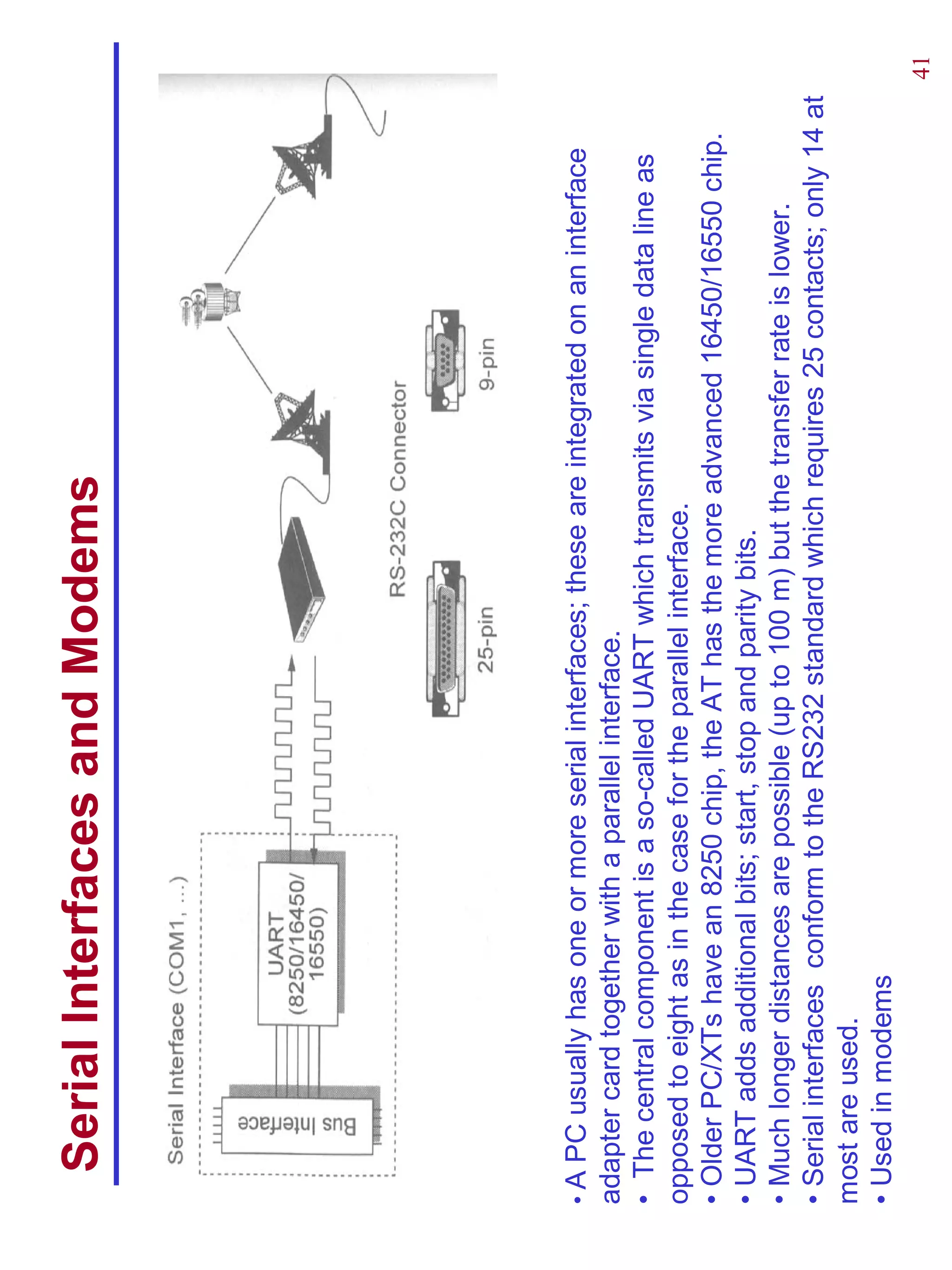 Serial Interfaces and Modems




• A PC usually has one or more serial interfaces; these are integrated on an interface
adapter card together with a parallel interface.
• The central component is a so-called UART which transmits via single data line as
opposed to eight as in the case for the parallel interface.
• Older PC/XTs have an 8250 chip, the AT has the more advanced 16450/16550 chip.
• UART adds additional bits; start, stop and parity bits.
• Much longer distances are possible (up to 100 m) but the transfer rate is lower.
• Serial interfaces conform to the RS232 standard which requires 25 contacts; only 14 at
most are used.
• Used in modems
                                                                                           41
 