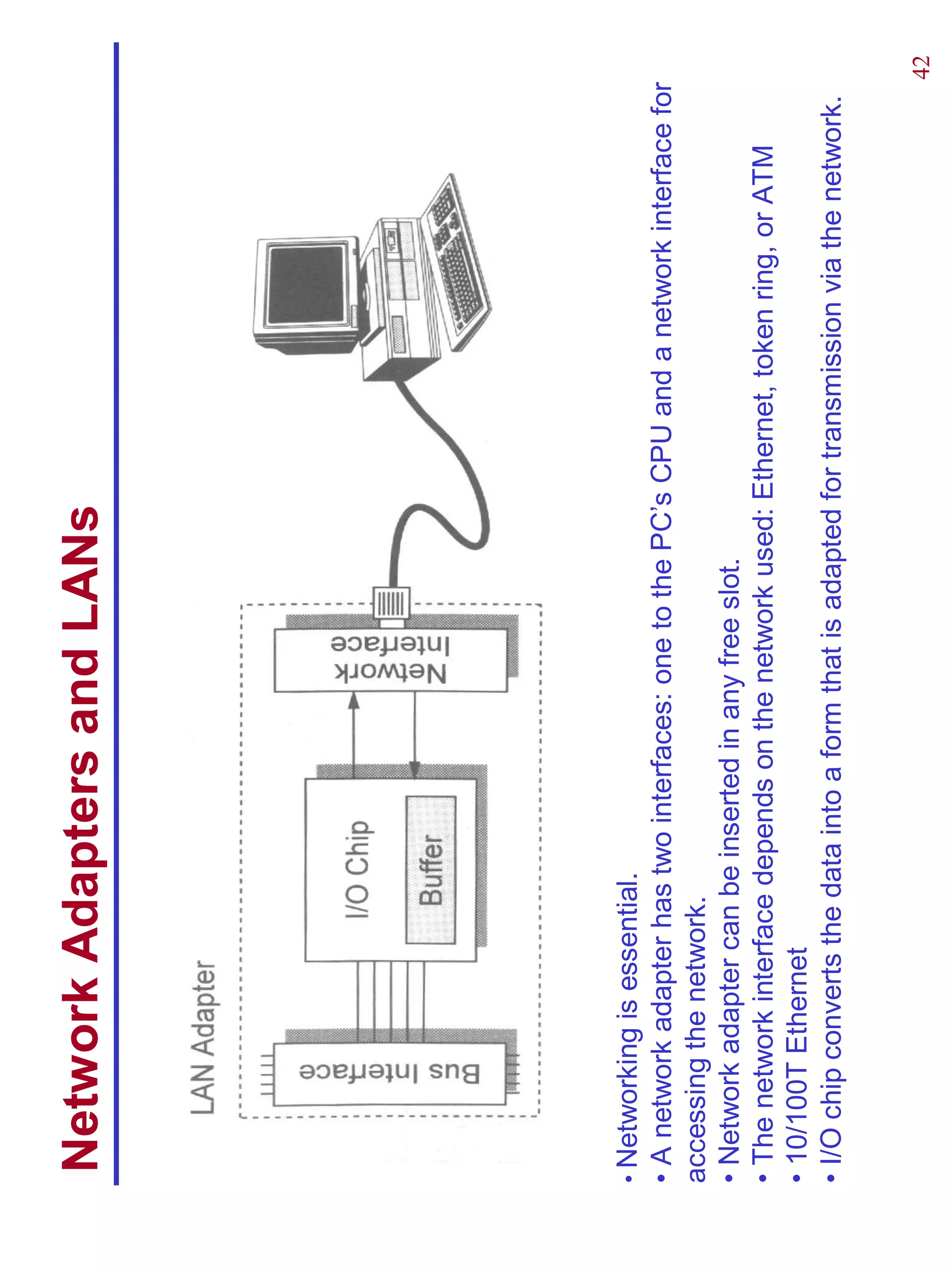 Network Adapters and LANs




• Networking is essential.
• A network adapter has two interfaces: one to the PC’s CPU and a network interface for
accessing the network.
• Network adapter can be inserted in any free slot.
• The network interface depends on the network used: Ethernet, token ring, or ATM
• 10/100T Ethernet
• I/O chip converts the data into a form that is adapted for transmission via the network.


                                                                                             42
 