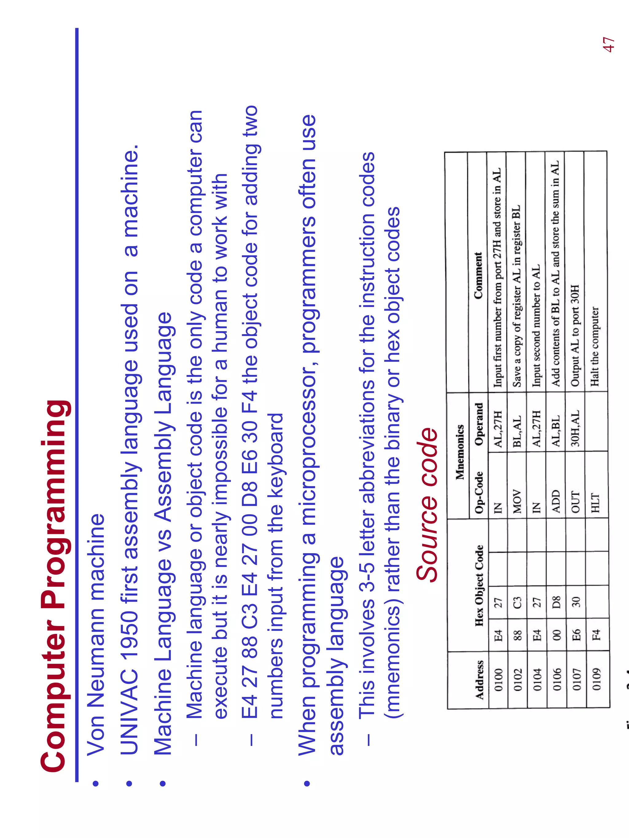 Computer Programming
•   Von Neumann machine
•   UNIVAC 1950 first assembly language used on a machine.
•   Machine Language vs Assembly Language
     – Machine language or object code is the only code a computer can
       execute but it is nearly impossible for a human to work with
     – E4 27 88 C3 E4 27 00 D8 E6 30 F4 the object code for adding two
       numbers input from the keyboard
•   When programming a microprocessor, programmers often use
    assembly language
     – This involves 3-5 letter abbreviations for the instruction codes
       (mnemonics) rather than the binary or hex object codes
                      Source code




                                                                          47
 