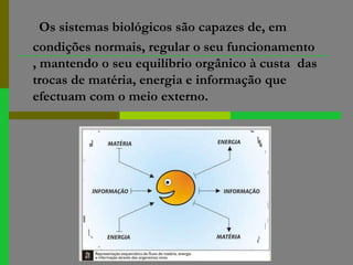 Os sistemas biológicos são capazes de, em condições normais, regular o seu funcionamento , mantendo o seu equilíbrio orgânico à custa das trocas de matéria, energia e informação que efectuam com o meio externo.