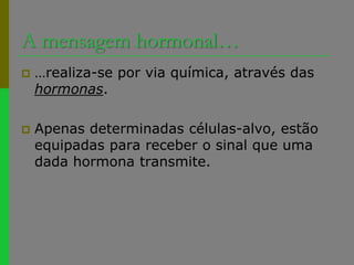 A mensagem hormonal……realiza-se por via química, através das hormonas.Apenas determinadas células-alvo, estão equipadas para receber o sinal que uma dada hormona transmite.