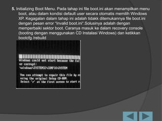 5. Initializing Boot Menu. Pada tahap ini file boot.ini akan menampilkan menu
boot, atau dalam kondisi default user secara otomatis memilih Windows
XP. Kegagalan dalam tahap ini adalah tidakk ditemukannya file boot.ini
dengan pesan error “Invalid boot.ini“.Solusinya adalah dengan
memperbaiki sektor boot. Caranya masuk ke dalam recovery console
(booting dengan menggunakan CD Instalasi Windows) dan ketikkan
bootcfg /rebuild
 