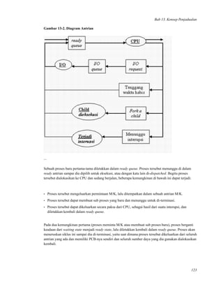 Bab 13. Konsep Penjadualan
Gambar 13-2. Diagram Antrian
...
Sebuah proses baru pertama-tama diletakkan dalam ready queue. Proses tersebut menunggu di dalam
ready antrian sampai dia dipilih untuk eksekusi, atau dengan kata lain di-dispatched. Begitu proses
tersebut dialokasikan ke CPU dan sedang berjalan, beberapa kemungkinan di bawah ini dapat terjadi:
• Proses tersebut mengeluarkan permintaan M/K, lalu ditempatkan dalam sebuah antrian M/K.
• Proses tersebut dapat membuat sub proses yang baru dan menunggu untuk di-terminasi.
• Proses tersebut dapat dikeluarkan secara paksa dari CPU, sebagai hasil dari suatu interupsi, dan
diletakkan kembali dalam ready queue.
Pada dua kemungkinan pertama (proses meminta M/K atau membuat sub proses baru), proses berganti
keadaan dari waiting state menjadi ready state, lalu diletakkan kembali dalam ready queue. Proses akan
meneruskan siklus ini sampai dia di-terminasi, yaitu saat dimana proses tersebut dikeluarkan dari seluruh
antrian yang ada dan memiliki PCB-nya sendiri dan seluruh sumber daya yang dia gunakan dialokasikan
kembali.
123
 
