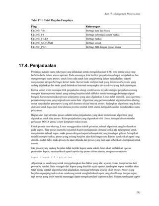 Bab 17. Managemen Proses Linux
Tabel 17-1. Tabel Flag dan Fungsinya
Flag Keterangan
CLONE_VM Berbagi data dan Stack
CLONE_FS Berbagi informasi sistem berkas
CLONE_FILES Berbagi berkas
CLONE_SIGHAND Berbagi sinyal
CLONE_PID Berbagi PID dengan proses induk
17.4. Penjadualan
Penjadual adalah suatu pekerjaan yang dilakukan untuk mengalokasikan CPU time untuk tasks yang
berbeda-beda dalam sistem operasi. Pada umumnya, kita berﬁkir penjadualan sebagai menjalankan dan
menginterupsi suatu proses, untuk linux ada aspek lain yang penting dalam penjadualan: seperti
menjalankan dengan berbagai kernel tasks. Kernel tasks meliputi task yang diminta oleh proses yang
sedang dijalankan dan tasks yand dieksekusi internal menyangkut device driver yang berkepentingan.
Ketika kernel telah mencapai titik penjadualan ulang, entah karena terjadi interupsi penjadualan ulang
mau pun karena proses kernel yang sedang berjalan telah diblokir untuk menunggu beberapa signal
bangun, harus memutuskan proses selanjutnya yang akan dijalankan. Linux telah memiliki dua algoritma
penjadualan proses yang terpisah satu sama lain. Algoritma yang pertama adalah algoritma time-sharing
untuk penjadualan preemptive yang adil diantara sekian banyak proses. Sedangkan algoritma yang kedua
didesain untuk tugas real-time dimana proritas mutlak lebih utama daripada keadilan mendapatkan suatu
pelayanan.
Bagian dari tiap identitas proses adalah kelas penjadualan, yang akan menentukan algoritma yang
digunakan untuk tiap proses. Kelas penjadualan yang digunakan oleh Linux, terdapat dalam standar
perluasan POSIX untuk sistem komputer waktu nyata.
Untuk proses time-sharing, Linux menggunakan teknik prioritas, sebuah algoritma yang berdasarkan
pada kupon. Tiap proses memiliki sejumlah kupon penjadualan; dimana ketika ada kesempatan untuk
menjalankan sebuah tugas, maka proses dengan kupon terbanyaklah yang mendapat giliran. Setiap kali
terjadi interupsi waktu, proses yang sedang berjalan akan kehilangan satu kupon; dan ketika kupon yang
dimiliki sudah habis maka proses itu akan ditunda dan proses yang lain akan diberikan kesempatan untuk
masuk.
Jika proses yang sedang berjalan tidak meiliki kupon sama sekali, linux akan melakukan operasi
pemberian kupon, memberikan kupon kepada tiap proses dalam sistem, dengan aturan main:
kupon = kupon / 2 + prioritas
Algoritma ini cenderung untuk menggabungkan dua faktor yang ada: sejarah proses dan prioritas dari
proses itu sendiri. Satu setengah dari kupon yang dimiliki sejak operasi pembagian kupon terakhir akan
tetap dijaga setelah algoritma telah dijalankan, menjaga beberapa sejarah sikap proses. Proses yang
berjalan sepanjang waktu akan cenderung untuk menghabiskan kupon yang dimilikinya dengan cepat,
tapi proses yang lebih banyak menunggu dapat mengakumulasi kuponnya dari. Sistem pembagian kupon
153
 