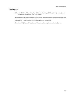 Bab 19. Sinkronisasi
Bibliograﬁ
[Silberschatz2000] Avi Silberschatz, Peter Galvin, dan Grag Gagne, 2000, Applied Operating Systems:
First Edition, Edisi Pertama, John Wiley & Sons.
[KennethRosen1999] Kenneth H. Rosen, 1999, Discrete Mathematics and Its Application, McGraw Hill.
[Stallings2001] William Stallings, 2001, Operating Systems, Prentice Hall.
[Tanenbaum1992] Andrew S. Tanenbaum, 1992, Modern Operating Systems, Prentice-Hall Inc..
174
 