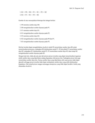 Bab 24. Diagram Graf
1. R2 -> P0 -> R0 -> P1 -> R1 -> P2 -> R2
2. R2 -> P1 -> R1 -> P2 -> R2
Gambar di atas menunjukkan beberapa hal sebagai berikut:
1. P0 meminta sumber daya R0.
2. R0 mengalokasikan sumber dayanya pada P1.
3. P1 meminta sumber daya R1.
4. R1 mengalokasikan sumber dayanya pada P2.
5. P2 meminta sumber daya R2.
6. R2 mengalokasikan sumber dayanya pada P0 dan P1.
7. R3 mengalokasikan sumber dayanya pada P2.
Hal-hal tersebut dapat mengakibatkan deadlock sebab P0 memerlukan sumber daya R0 untuk
menyelesaikan prosesnya, sedangkan R0 dialokasikan untuk P1. Di lain pihak P1 memerlukan sumber
daya R1 sedangkan R1 dialokasikan untuk P2. P2 memerlukan sumber daya R2 akan tetapi R2
mengalokasikan sumber dayanya pada R3.
Dengan kata lain, tidak ada satu pun dari proses-proses tersebut yang dapat menyelesaikan tugasnya
sebab sumber daya yang diperlukan sedang digunakan oleh proses lain. Sedangkan proses lain juga
memerlukan sumber daya lain. Semua sumber daya yang diperlukan oleh suatu proses tidak dapat
dpenuhi sehingga proses tersebut tidak dapat melepaskan sumber daya yang telah dialokasikan
kepadanya. Dan terjadi proses tunggu-menunggu antarproses yang tidak dapat berakhir. Inilah yang
dinamakan deadlock.
216
 