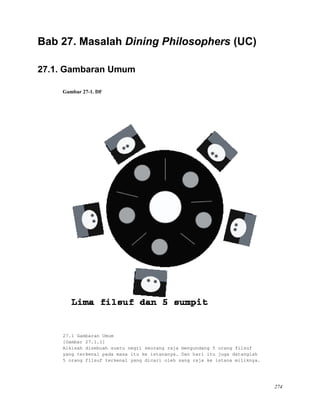 Bab 27. Masalah Dining Philosophers (UC)
27.1. Gambaran Umum
Gambar 27-1. DF
27.1 Gambaran Umum
[Gambar 27.1.1]
Alkisah disebuah suatu negri seorang raja mengundang 5 orang filsuf
yang terkenal pada masa itu ke istananya. Dan hari itu juga datanglah
5 orang filsuf terkenal yang dicari oleh sang raja ke istana miliknya.
274
 