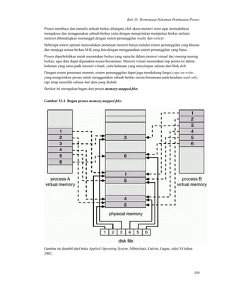 Bab 33. Permintaan Halaman Pembuatan Proses
Proses membaca dan menulis sebuah berkas ditangani oleh akses memori rutin agar memudahkan
mengakses dan menggunakan sebuah berkas yaitu dengan mengizinkan manipulasi berkas melalui
memori dibandingkan memanggil dengan sistem pemanggilan read() dan write().
Beberapa sistem operasi menyediakan pemetaan memori hanya melalui sistem pemanggilan yang khusus
dan menjaga semua berkas M/K yang lain dengan menggunakan sistem pemanggilan yang biasa.
Proses diperbolehkan untuk memetakan berkas yang sama ke dalam memori virtual dari masing-masing
berkas, agar data dapat digunakan secara bersamaan. Memori virtual memetakan tiap proses ke dalam
halaman yang sama pada memori virtual, yaitu halaman yang menyimpan salinan dari blok disk.
Dengan sistem pemetaan memori, sistem pemangggilan dapat juga mendukung fungsi copy-on-write,
yang mengizinkan proses untuk menggunakan sebuah berkas secara bersamaan pada keadaan read only,
tapi tetap memiliki salinan dari data yang diubah.
Berikut ini merupakan bagan dari proses memory-mapped ﬁles.
Gambar 33-1. Bagan proses memory-mapped ﬁles
Gambar ini diambil dari buku Applied Operating System, Silberchatz, Galvin, Gagne, edisi VI tahun
2002.
330
 