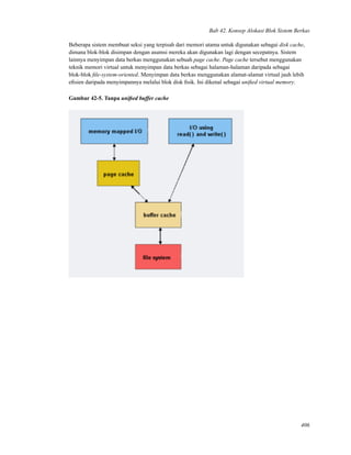 Bab 42. Konsep Alokasi Blok Sistem Berkas
Beberapa sistem membuat seksi yang terpisah dari memori utama untuk digunakan sebagai disk cache,
dimana blok-blok disimpan dengan asumsi mereka akan digunakan lagi dengan secepatnya. Sistem
lainnya menyimpan data berkas menggunakan sebuah page cache. Page cache tersebut menggunakan
teknik memori virtual untuk menyimpan data berkas sebagai halaman-halaman daripada sebagai
blok-blok ﬁle-system-oriented. Menyimpan data berkas menggunakan alamat-alamat virtual jauh lebih
eﬁsien daripada menyimpannya melalui blok disk ﬁsik. Ini dikenal sebagai uniﬁed virtual memory.
Gambar 42-5. Tanpa uniﬁed buffer cache
406
 