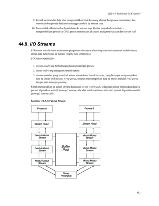 Bab 44. Subsistem M/K Kernel
9. Kernel mentransfer data atau mengembalikan kode ke ruang alamat dari proses permintaan, dan
memindahkan proses dari antrian tunggu kembali ke antrian siap.
10. Proses tidak diblok ketika dipindahkan ke antrian siap. Ketika penjadual (scheduler)
mengembalikan proses ke CPU, proses meneruskan eksekusi pada penyelesaian dari system call.
44.9. I/O Streams
I/O stream adalah suatu mekanisme pengiriman data secara bertahap dan terus menerus melalui suatu
aliran data dari proses ke peranti (begitu pula sebaliknya).
I/O Stream terdiri dari:
1. stream head yang berhubungan langsung dengan proses.
2. driver ends yang mengatur peranti-peranti
3. stream modules yang berada di antara stream head dan driver end, yang bertugas menyampaikan
data ke driver end melalui write queue, maupun menyampaikan data ke proses melalui read queue
dengan cara message passing.
Untuk memasukkan ke dalam stream digunakan ioctl() system call, sedangkan untuk menuliskan data ke
peranti digunakan write()/ putmsg() system calls, dan untuk membaca data dari peranti digunakan read()/
getmsg() system calls.
Gambar 44-3. Struktur Stream
433
 