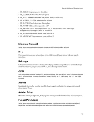 Bab 48. Keluaran/Masukan Linux
• IFF_DEBUG Penghilangan error dinyalakan
• IFF_LOOPBACK Merupakan device loopback
• IFF_POINTTOPOINT Merupakan link point to point (SLIP dan PPP)
• IFF_NOTRAILERS Tidak ada pengangkut jaringan
• IFF_RUNNING Sumberdaya yang dialokasikan
• IFF_NOARP Tidak mendukung protokol ARP
• IFF_PROMISC Device di mode penerimaan acak, ia akan menerima semua paket tanpa
memperdulikan kemana paket-paket ini dialamatkan
• IFF_ALLMULTI Menerima seluruh frame multicast IP
• IFF_MULTICAST Dapat menerima frame multicast IP
Informasi Protokol
Setiap device menjelaskan bagaimana ia digunakan oleh lapisan protokol jaringan.
MTU
Ukuran paket terbesar yang jaringan dapat kirim, tidak termasuk header lapisan link yang ia perlu
tambahkan.
Keluarga
Keluarga ini menandakan bahwa keluarga protokol yang dapat didukung oleh device tersebut. Keluarga
untuk seluruh device jaringan Linux adalah AF_INET, keluarga alamat internet.
Jenis
Jenis menjelaskan media di mana device jaringan terpasang. Ada banyak jenis media yang didukung oleh
device jaringan Linux. Termasuk diantaranya adalah Ethernet, X.25, Token Ring, Slip, PPP dan Apple
Localtalk.
Alamat
Struk data device tersebut memiliki sejumlah alamat yang relevan bagi device jaringan ini, termasuk
alamat-alamat IP-nya.
Antrian Paket
Merupakan antrian paket-paket sk_buff yang antri menunggu untuk dikirmkan lewat device jaringan ini.
Fungsi Pendukung
Setiap device menyediakan seperangkat routine standar yang lapisan-lapisan protokol sebut sebagai
bagian dari interface mereka ke lapisan link device ini. Hal ini termasuk pembuatannya dan
473
 