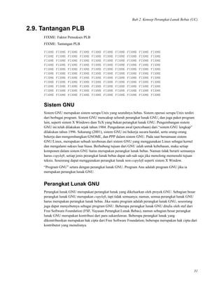 Bab 2. Konsep Perangkat Lunak Bebas (UC)
2.9. Tantangan PLB
FIXME: Faktor Pensukses PLB
FIXME: Tantangan PLB
FIXME FIXME FIXME FIXME FIXME FIXME FIXME FIXME FIXME FIXME
FIXME FIXME FIXME FIXME FIXME FIXME FIXME FIXME FIXME FIXME
FIXME FIXME FIXME FIXME FIXME FIXME FIXME FIXME FIXME FIXME
FIXME FIXME FIXME FIXME FIXME FIXME FIXME FIXME FIXME FIXME
FIXME FIXME FIXME FIXME FIXME FIXME FIXME FIXME FIXME FIXME
FIXME FIXME FIXME FIXME FIXME FIXME FIXME FIXME FIXME FIXME
FIXME FIXME FIXME FIXME FIXME FIXME FIXME FIXME FIXME FIXME
FIXME FIXME FIXME FIXME FIXME FIXME FIXME FIXME FIXME FIXME
FIXME FIXME FIXME FIXME FIXME FIXME FIXME FIXME FIXME FIXME
FIXME FIXME FIXME FIXME FIXME FIXME FIXME FIXME FIXME FIXME
FIXME FIXME FIXME FIXME FIXME FIXME FIXME FIXME FIXME FIXME
Sistem GNU
Sistem GNU merupakan sistem serupa Unix yang seutuhnya bebas. Sistem operasi serupa Unix terdiri
dari berbagai program. Sistem GNU mencakup seluruh perangkat lunak GNU, dan juga paket program
lain, seperti sistem X Windows dam TeX yang bukan perangkat lunak GNU. Pengembangan sistem
GNU ini telah dilakukan sejak tahun 1984. Pengedaran awal (percobaan) dari “sistem GNU lengkap”
dilakukan tahun 1996. Sekarang (2001), sistem GNU ini bekerja secara handal, serta orang-orang
bekerja dan mengembangkan GNOME, dan PPP dalam sistem GNU. Pada saat bersamaan sistem
GNU/Linux, merupakan sebuah terobosan dari sistem GNU yang menggunakan Linux sebagai kernel
dan mengalami sukses luar biasa. Berhubung tujuan dari GNU ialah untuk kebebasan, maka setiap
komponen dalam sistem GNU harus merupakan perangkat lunak bebas. Namun tidak berarti semuanya
harus copyleft; setiap jenis perangkat lunak bebas dapat sah-sah saja jika menolong memenuhi tujuan
teknis. Seseorang dapat menggunakan perangkat lunak non-copyleft seperti sistem X Window.
“Program GNU” setara dengan perangkat lunak GNU. Program Anu adalah program GNU jika ia
merupakan perangkat lunak GNU.
Perangkat Lunak GNU
Perangkat lunak GNU merupakan perangkat lunak yang dikeluarkan oleh proyek GNU. Sebagian besar
perangkat lunak GNU merupakan copyleft, tapi tidak semuanya; namun, semua perangkat lunak GNU
harus merupakan perangkat lunak bebas. Jika suatu program adalah perangkat lunak GNU, seseorang
juga dapat menyebutnya sebagai program GNU. Beberapa perangkat lunak GNU ditulis oleh staf dari
Free Software Foundation (FSF, Yayasan Perangkat Lunak Bebas), namun sebagian besar perangkat
lunak GNU merupakan kontribusi dari para sukarelawan. Beberapa perangkat lunak yang
dikontribusikan merupakan hak cipta dari Free Software Foundation; beberapa merupakan hak cipta dari
kontributor yang menulisnya.
31
 