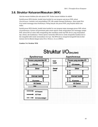 Bab 3. Perangkat Keras Komputer
3.6. Struktur Keluaran/Masukan (M/K)
Ada dua macam tindakan jika ada operasi M/K. Kedua macam tindakan itu adalah:
Setelah proses M/K dimulai, kendali akan kembali ke user program saat proses M/K selesai
(Synchronous). Instruksi wait menyebabkan CPU idle sampai interupsi berikutnya. Akan terjadi Wait
loop (untuk menunggu akses berikutnya). Paling banyak satu proses M/K yang berjalan dalam satu
waktu.
Setelah proses M/K dimulai, kendali akan kembali ke user program tanpa menunggu proses M/K selesai
(Asynchronous). System call permintaan pada sistem operasi untuk mengizinkan user menunggu sampai
M/K selesai.Device-status table mengandung data masukkan untuk tiap M/K device yang menjelaskan
tipe, alamat, dan keadaannya. Sistem operasi memeriksa M/K device untuk mengetahui keadaan device
dan mengubah tabel untuk memasukkan interrupt. Jika M/K device mengirim/mengambil data ke/dari
memory hal ini dikenal dengan nama Direct Memory Access (DMA).
Gambar 3-6. Struktur M/K
40
 