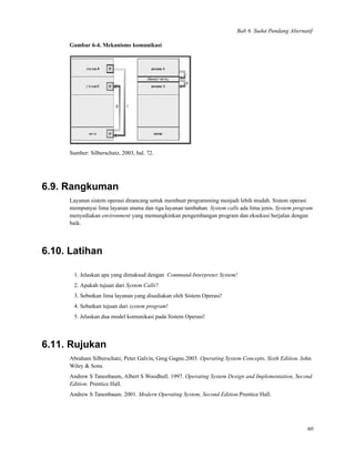Bab 6. Sudut Pandang Alternatif
Gambar 6-4. Mekanisme komunikasi
Sumber: Silberschatz, 2003, hal. 72.
6.9. Rangkuman
Layanan sistem operasi dirancang untuk membuat programming menjadi lebih mudah. Sistem operasi
mempunyai lima layanan utama dan tiga layanan tambahan. System calls ada lima jenis. System program
menyediakan environment yang memungkinkan pengembangan program dan eksekusi berjalan dengan
baik.
6.10. Latihan
1. Jelaskan apa yang dimaksud dengan Command-Interpreter System!
2. Apakah tujuan dari System Calls?
3. Sebutkan lima layanan yang disediakan oleh Sistem Operasi!
4. Sebutkan tujuan dari system program!
5. Jelaskan dua model komunikasi pada Sistem Operasi!
6.11. Rujukan
Abraham Silberschatz, Peter Galvin, Greg Gagne.2003. Operating System Concepts, Sixth Edition. John
Wiley & Sons.
Andrew S Tanenbaum, Albert S Woodhull. 1997. Operating System Design and Implementation, Second
Edition. Prentice Hall.
Andrew S Tanenbaum. 2001. Modern Operating System, Second Edition.Prentice Hall.
60
 