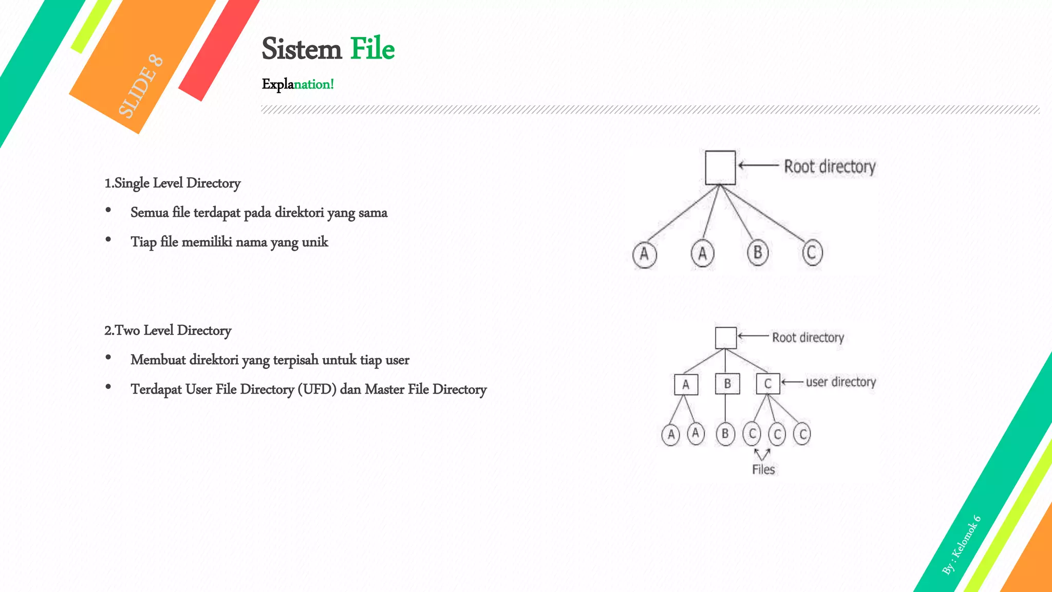 Sistem File
Explanation!
1.Single Level Directory
• Semua file terdapat pada direktori yang sama
• Tiap file memiliki nama yang unik
2.Two Level Directory
• Membuat direktori yang terpisah untuk tiap user
• Terdapat User File Directory (UFD) dan Master File Directory
 