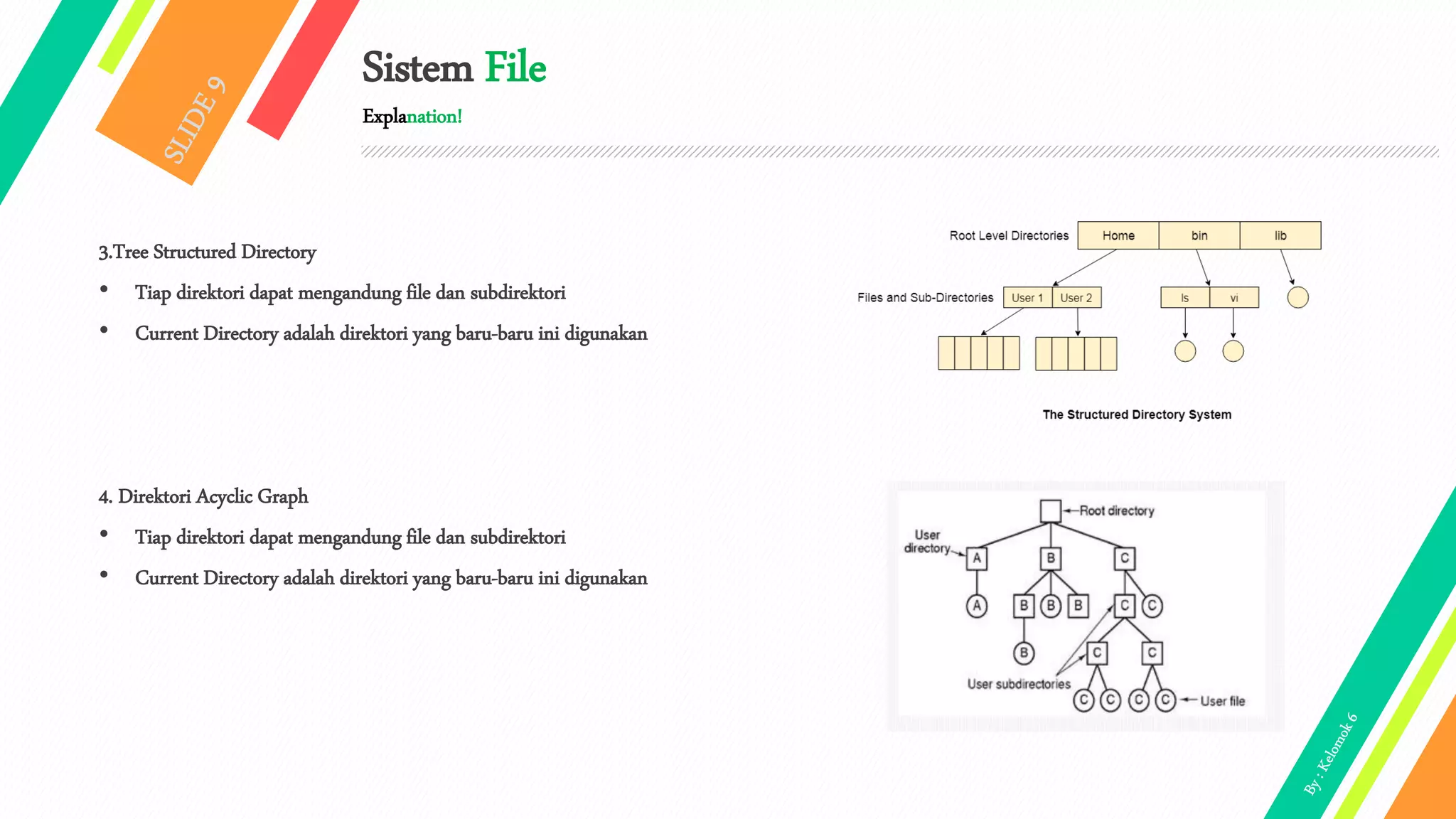 Sistem File
Explanation!
3.Tree Structured Directory
• Tiap direktori dapat mengandung file dan subdirektori
• Current Directory adalah direktori yang baru-baru ini digunakan
4. Direktori Acyclic Graph
• Tiap direktori dapat mengandung file dan subdirektori
• Current Directory adalah direktori yang baru-baru ini digunakan
 