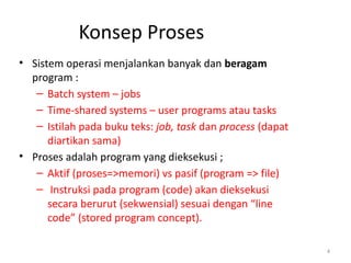 Konsep Proses
• Sistem operasi menjalankan banyak dan beragam
program :
– Batch system – jobs
– Time-shared systems – user programs atau tasks
– Istilah pada buku teks: job, task dan process (dapat
diartikan sama)
• Proses adalah program yang dieksekusi ;
– Aktif (proses=>memori) vs pasif (program => file)
– Instruksi pada program (code) akan dieksekusi
secara berurut (sekwensial) sesuai dengan “line
code” (stored program concept).
4
 
