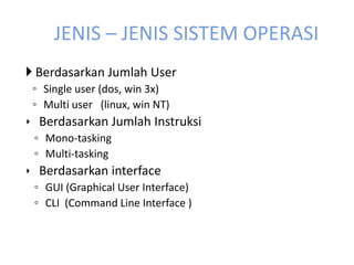 JENIS – JENIS SISTEM OPERASI 
 Berdasarkan Jumlah User 
◦ Single user (dos, win 3x) 
◦ Multi user (linux, win NT) 
‣ Berdasarkan Jumlah Instruksi 
◦ Mono-tasking 
◦ Multi-tasking 
‣ Berdasarkan interface 
◦ GUI (Graphical User Interface) 
◦ CLI (Command Line Interface ) 
 